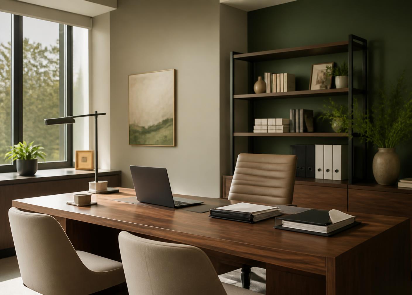 BALBAI Consulting office with a desk, laptop, and organized compliance document binders